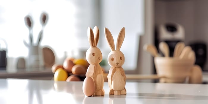 Wooden Easter bunny figurines on the kitchen table with easter eggs on the background