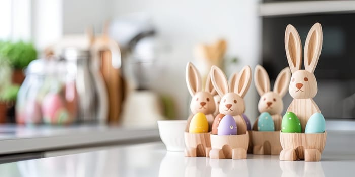 Easter bunny figurines with easter eggs on the kitchen table on the background