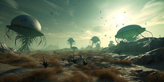 Impressive landscape on a distant planet with gigantic extraterrestrial living organisms
