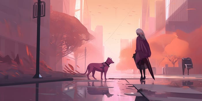 Illustration Girl Walking On A Street With Dog After The Rain In Pink Colors, Concept Pets In Modern City