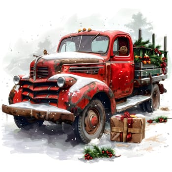A red truck with a Christmas tree in the back is driving through the snowy terrain. The vehicles tires are equipped with sturdy treads to navigate the winter conditions