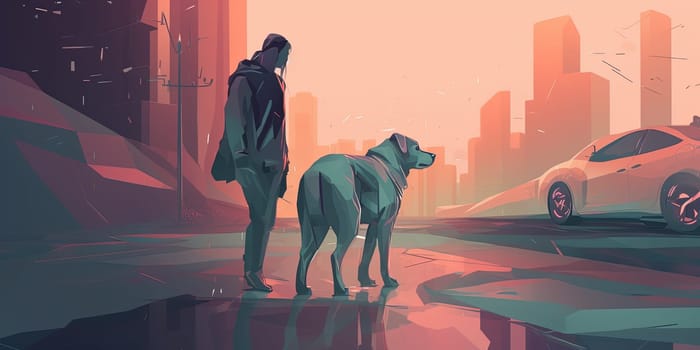 Illustration Man Walking With Big Dog By City Street At Sunset, Concept Pets In Modern City