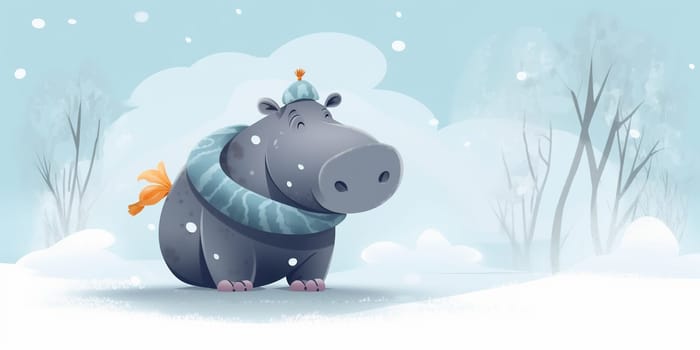 Cartoon baby hippo wearing scarf and hat in winter during snowfall
