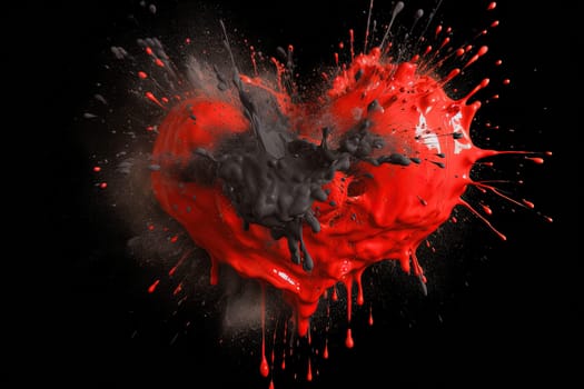 Black and red paint splashes form a heart shape, symbolizing deep passion and mystery, as they dramatically stand out against a dark black background. , generative AI