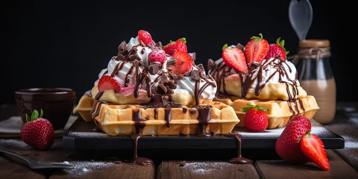 Delicious Waffle Dessert With Strawberries And Cream On A Plate, Dessert In Cafe