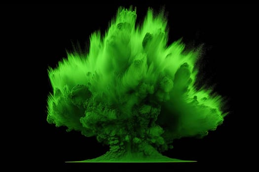 splashes of neon green powder paint for Holi isolated on the black background, generative AI