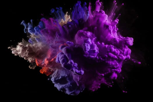 blew up of purple paint with drops and splashes on a black background, generative AI