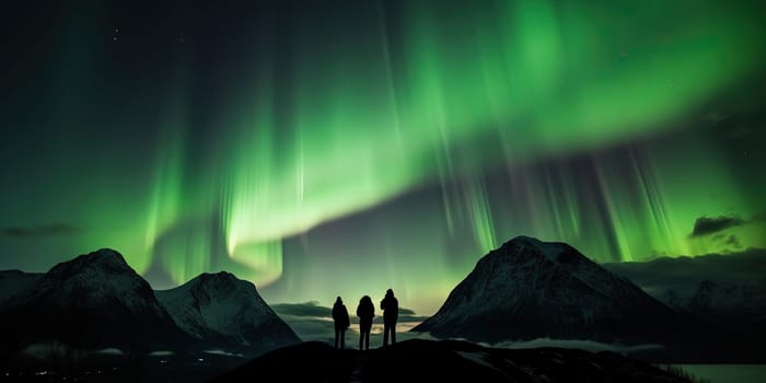 silhouettes of people who observe an green aurora a natural phenomenon of Northern Lights in the sky, generative AI