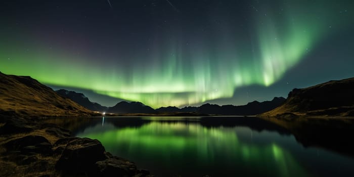 panoramic view of Aurora green Northern Lights in the night sky near the Arctic Circle mountain range, generative AI