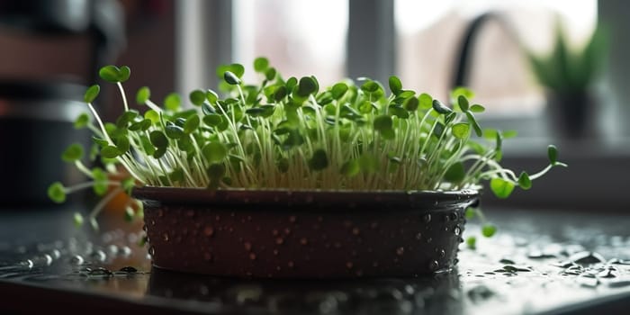 Growing micro green sprouts in container, health organic food, small farm in the kitchen