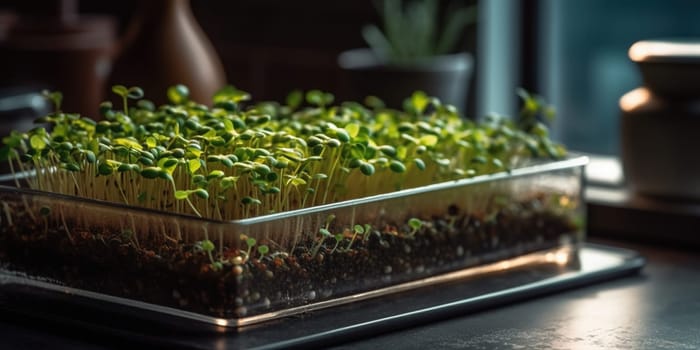 Growing micro green sprouts in glass container, healthy organic farm in the kitchen