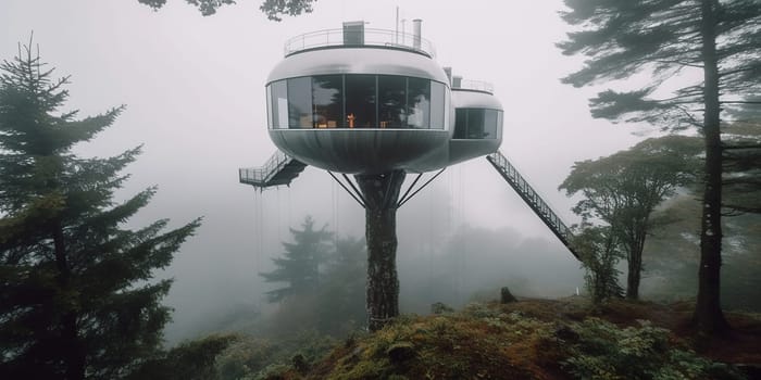 Futuristic house in foggy forest concept represents future homes amidst nature