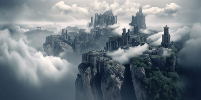 "Futuristic megacity with towering skyscrapers on a dramatic mountain landscape in the clouds."