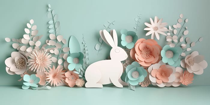 Quilling Colorful Paper Flowers And Easter Rabbit, Concept Of Easter Holiday