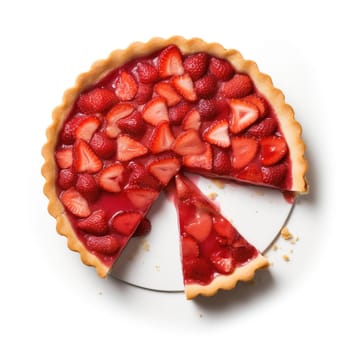 delicious strawberry pie cut into pieces isolated on a white background, top view , generative AI