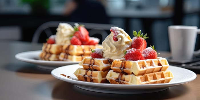 Delicious Waffle Dessert With Strawberries And Cream On A Plate, Dessert In Cafe