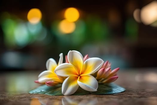 Close-up view a white flower on water with blurred background