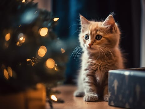 Kitten Sits Near Boxes With Christmas Gifts In A Room Decorated With Holiday Decorations