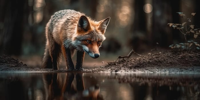 Young Fox Drinks Water From The Creek In The Forest, Animal In Natural Habitat
