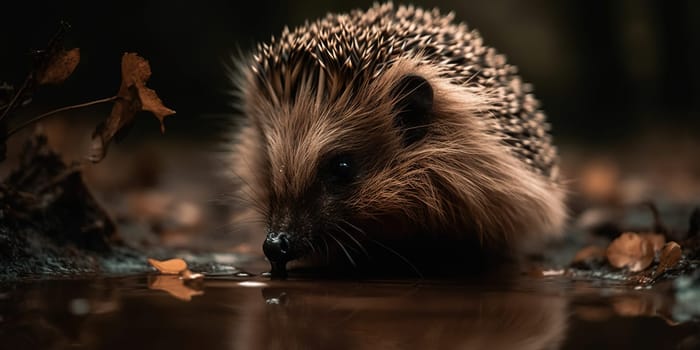 Wild Hedgehog Drinks Water From The Creek In The Forest, Animal In Natural Habitat
