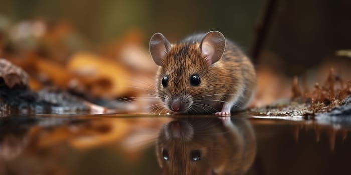 Grey Mouse Drinks Water From The Creek In Autumn Forest, Animal In Natural Habitat