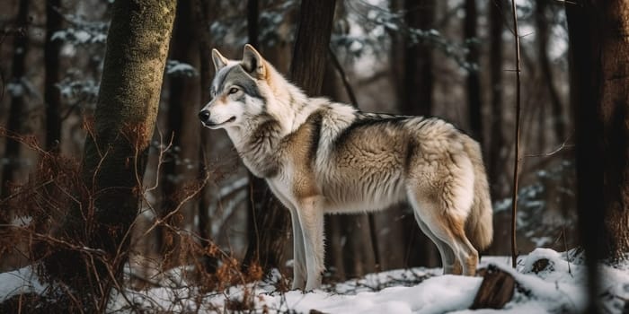 Big Wild Wolf Hunting In The Forest In Winter, Animal In Natural Habitat