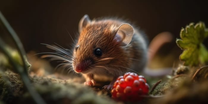 Wild Grey Mouse With Raspberry In The Forest, Close Up View, Animal In Natural Habitat