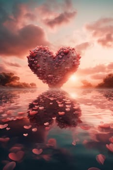 Amazing Landscape View With Pink Heart Shape Under Water Surface, Valentines Day Concept