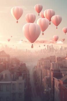 Cartoon City With Big Hot Air Balloons In The Sky, Valentine'S Day Concept