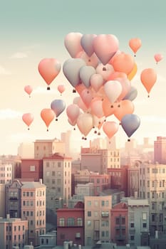 Illustration Of Hot Air Balloons In The Sky Above The Cartoon City, Valentine'S Day Picture