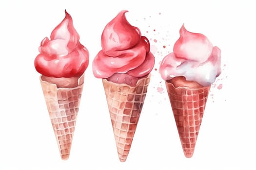 watercolor illustration of fruit ice cream with a strawberry flavor on white background , generative AI