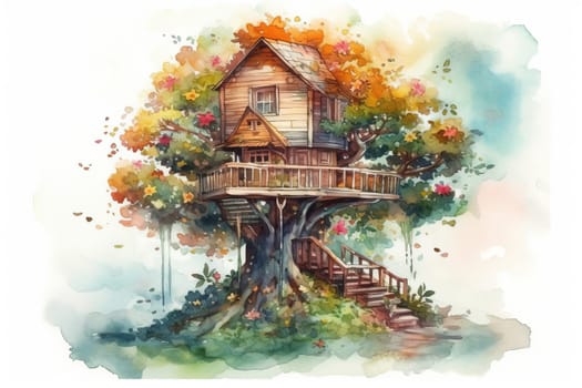 Watercolor Painting Illustration Of Fabulous Big House In A Crown Of Tree Isolated On A White Background