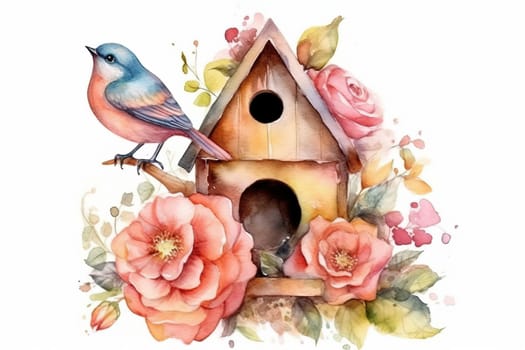 Watercolor Painting Illustration Of Nice Wooden Birdhouse And Bird In Flowers Isolated On A White Background
