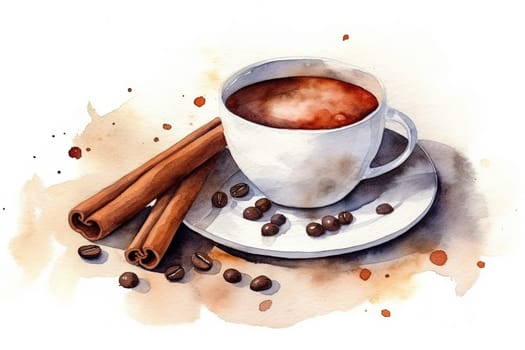 watercolor painting of cup with hot coffee drink with cinnamon and cloves , generative AI