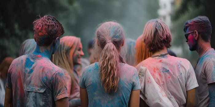 People In Holi Powder Paint Celebrating Holidays Outdoors In Crowd