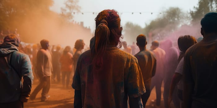 Crowd Of People Celebrating Holy Holiday With Colorful Powder Paints, Back View