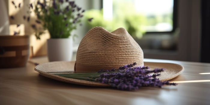 Straw Hat With Lavender Sprigs Rests On Table