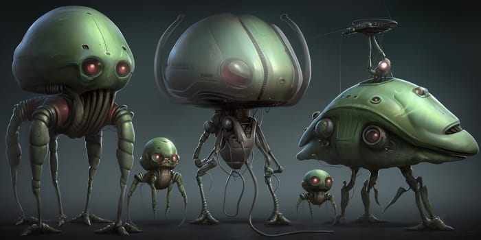 Fantastic green aliens from extraterrestrial worlds illustrated in a UFO depiction of intelligent beings