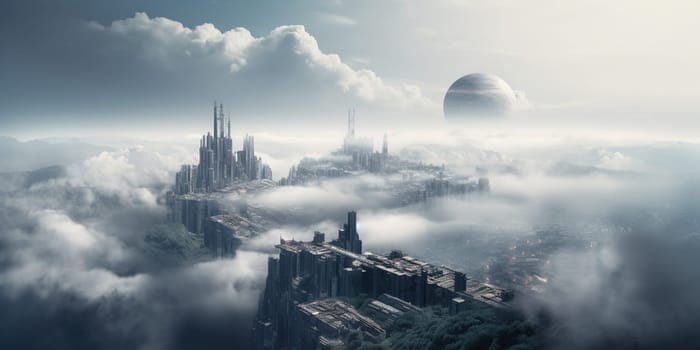 "Futuristic megacity with towering skyscrapers on a dramatic mountain landscape in the clouds."