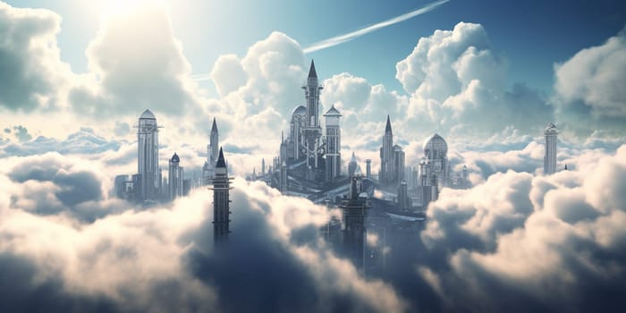Futuristic metropolis with towering skyscrapers on a mountain portrays a landscape of the future shrouded in clouds