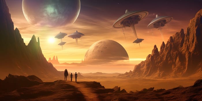 Amazing alien UFO ships soar in the fantastic landscape of a distant planet