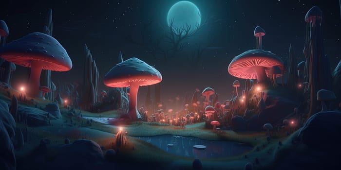 Impressive landscape on a distant planet with giant neon mushrooms growing