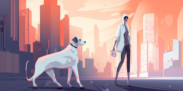 Illustration Girl Walking On A Street Of Modern City With Big White Dog, Concept Pets In Modern City