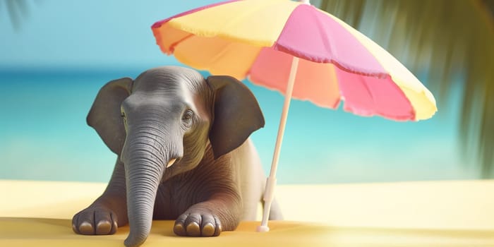 Illustration Of Big Elephant Relaxing Under The Sun Umbrella On A Sunny Beach, Generative Ai