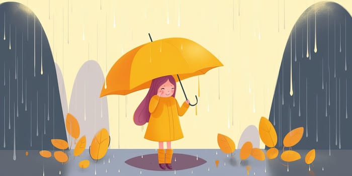 Cartoon Little With Big Orange Umbrella In The Rain, Cartoon Illustration Little With Big Orange Umbrella In The Rain