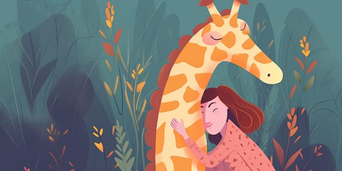 Cartoon Little Girl Hugging Giraffe Outdoor, Illustration