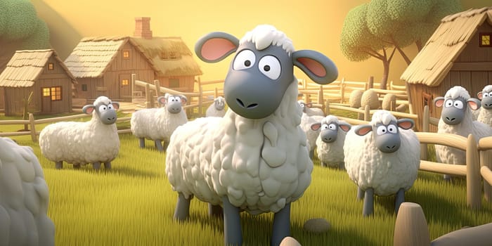 Cartoon Of Funny Sheep On Farm, Illustration