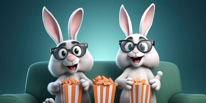 Cartoon Rabbits Watching Tv And Eating Popcorn, Illustration