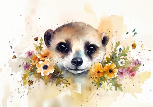 watercolor painting of cute meerkat face in colorful flowers , generative AI