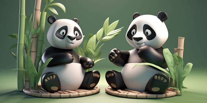 Cartoon Adorable Pandas Playing With Bamboo, Illustration